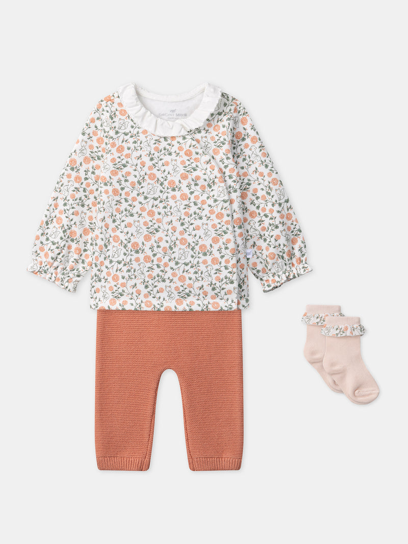 Blumenmuster Sweat-Set + Leggings + Socken für Neugeborene