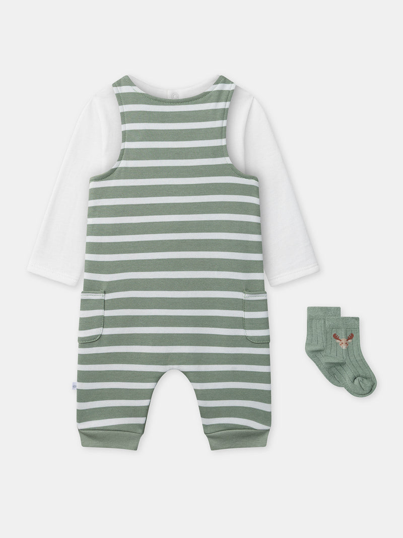 Ensemble combinaison à rayures vertes + body + chaussettes Naissance Garçon