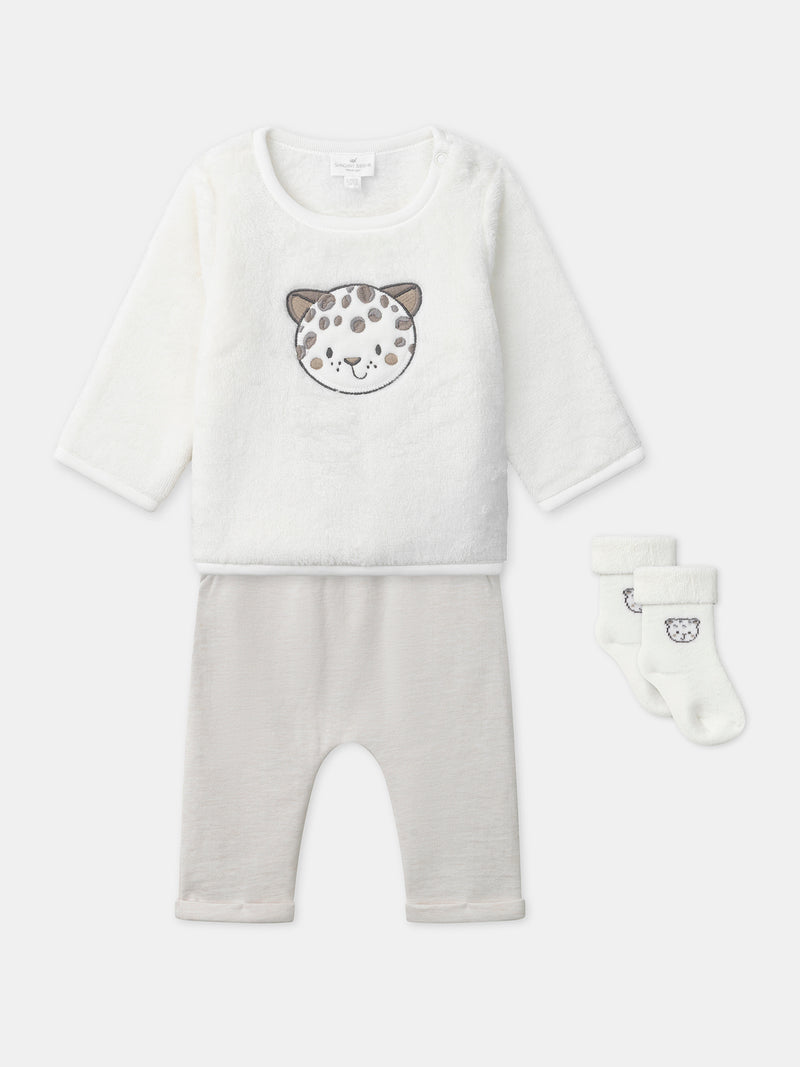 Set aus weißem Sweatshirt + Hose + Socken Geburt Unisex
