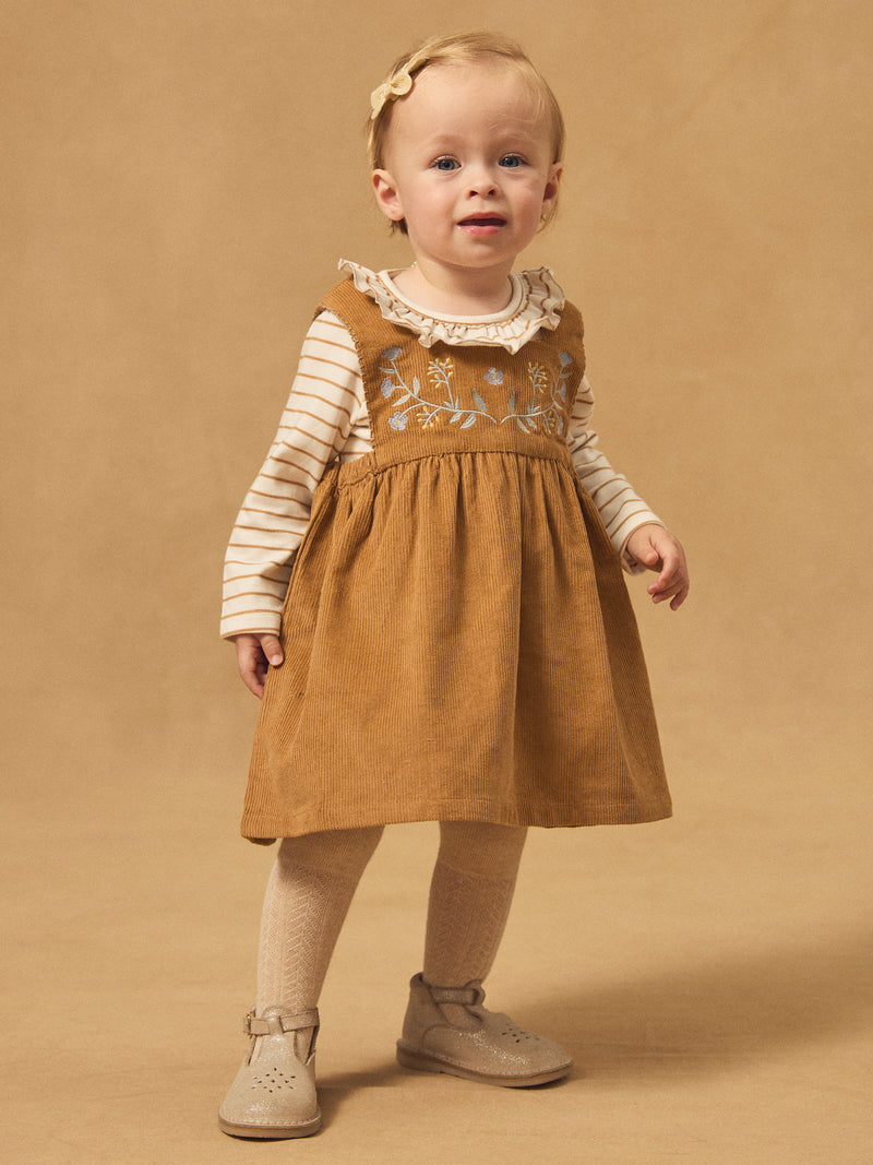 Braun Velours Kleid mit Blumenstickereien für Mädchen