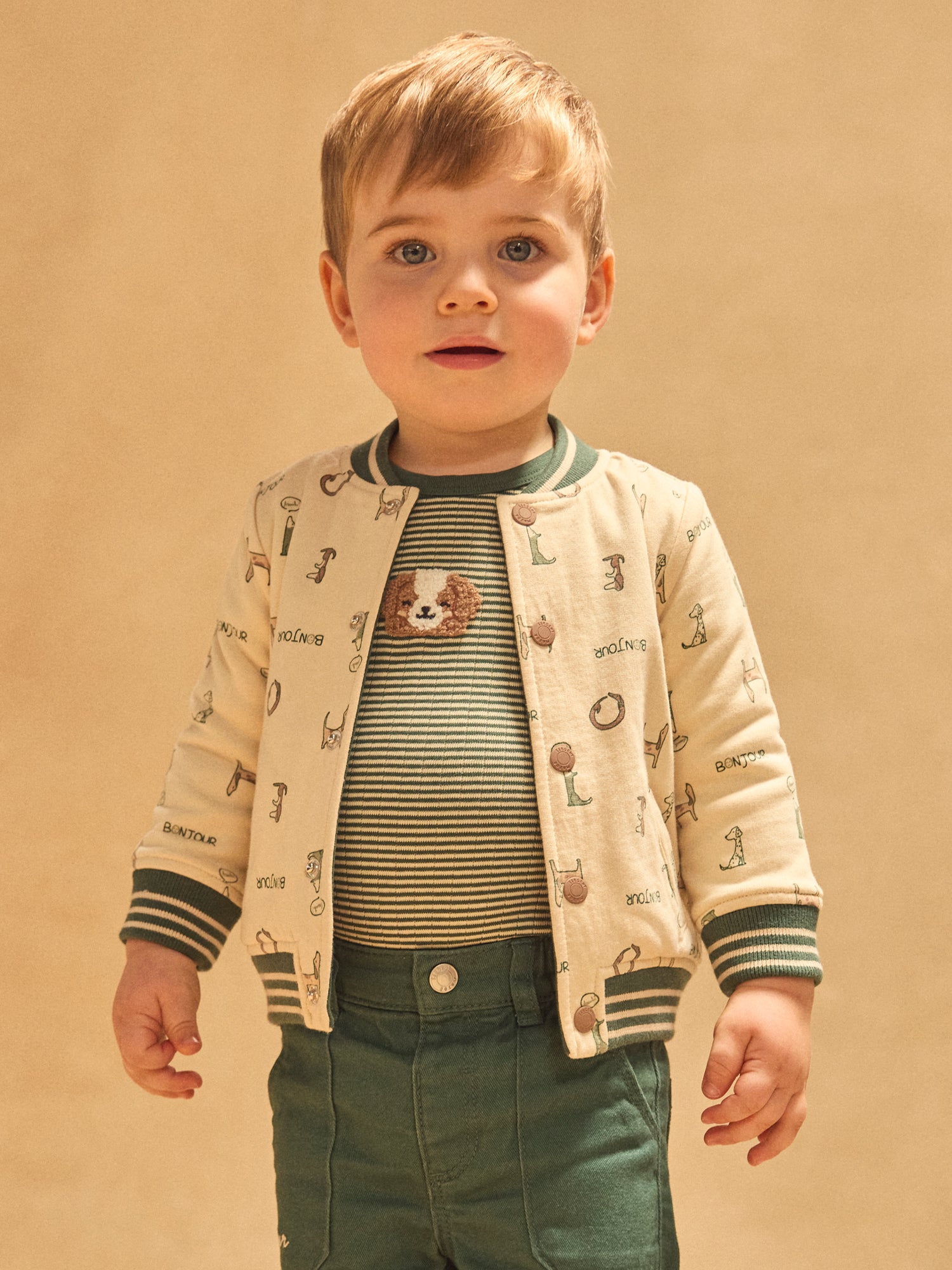 Wendbarer Teddy dunkelgrün einfarbig oder ecru mit Hunden für Baby Jungen