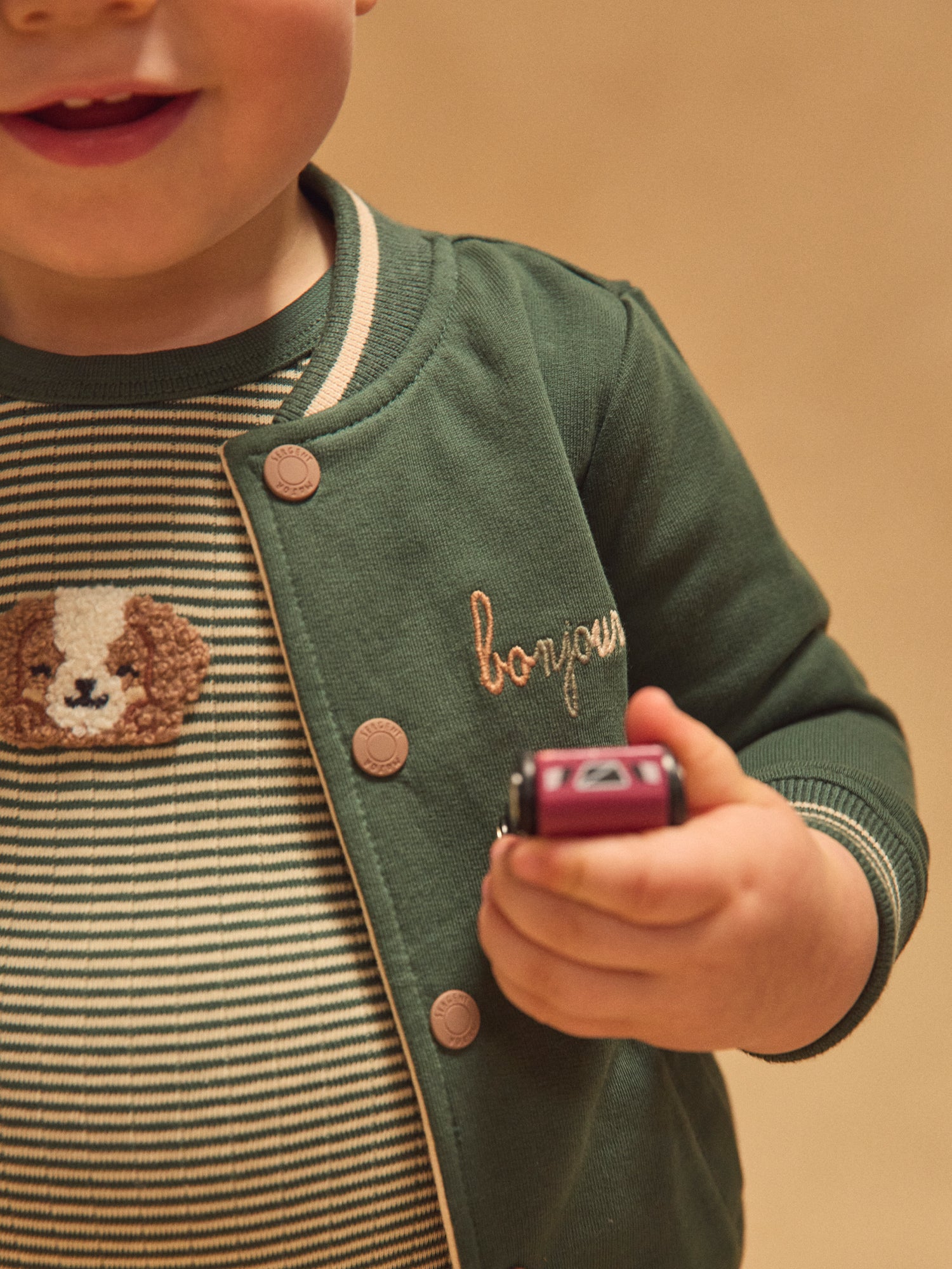 Wendbarer Teddy dunkelgrün einfarbig oder ecru mit Hunden für Baby Jungen