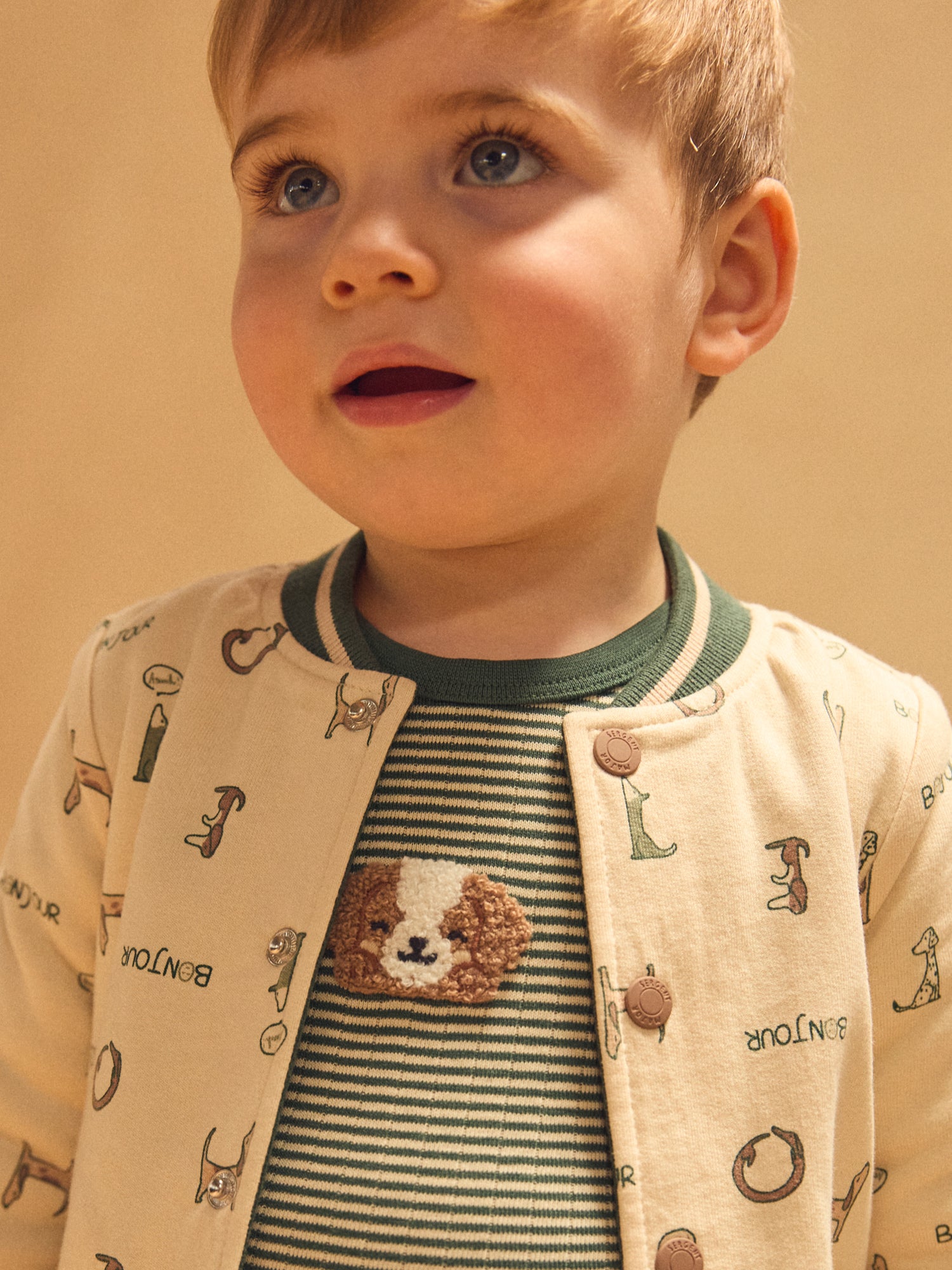 Wendbarer Teddy dunkelgrün einfarbig oder ecru mit Hunden für Baby Jungen