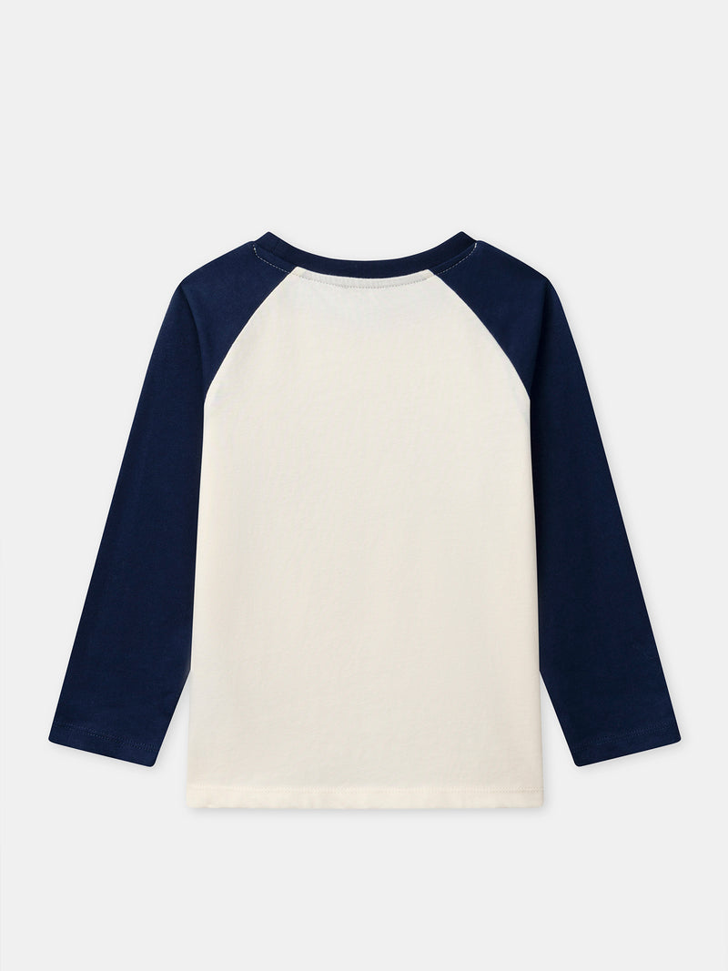 Langarm-T-Shirt blau und elfenbein mit Dinosaurierdruck für Jungen