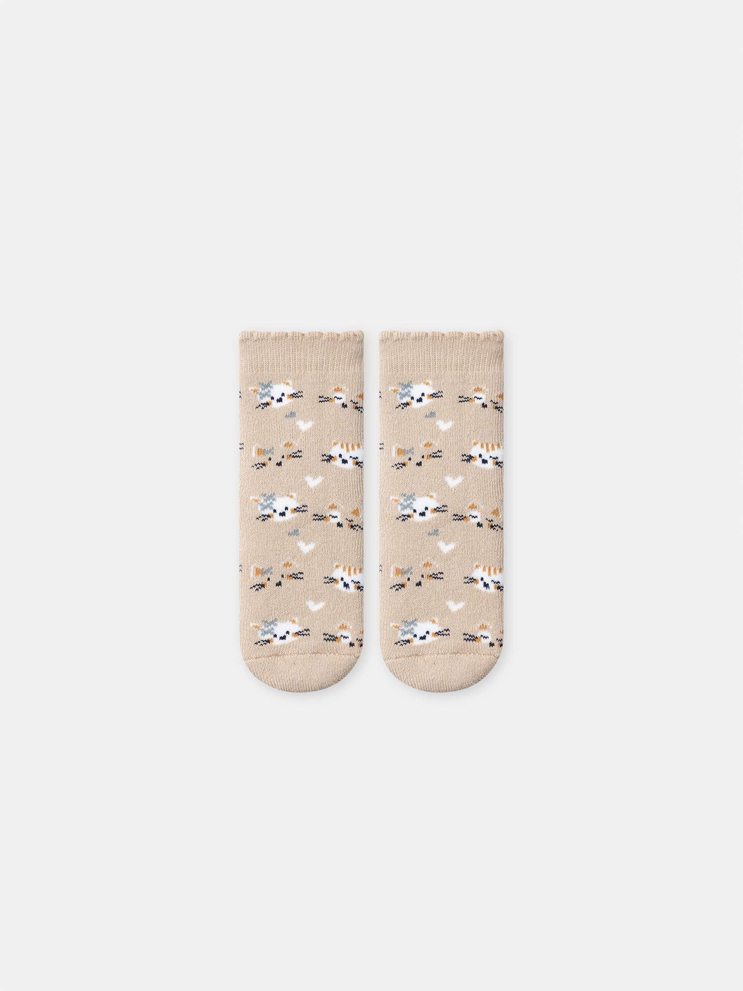 Beige Socken mit Katzengesicht-Motiv BABY MÄDCHEN