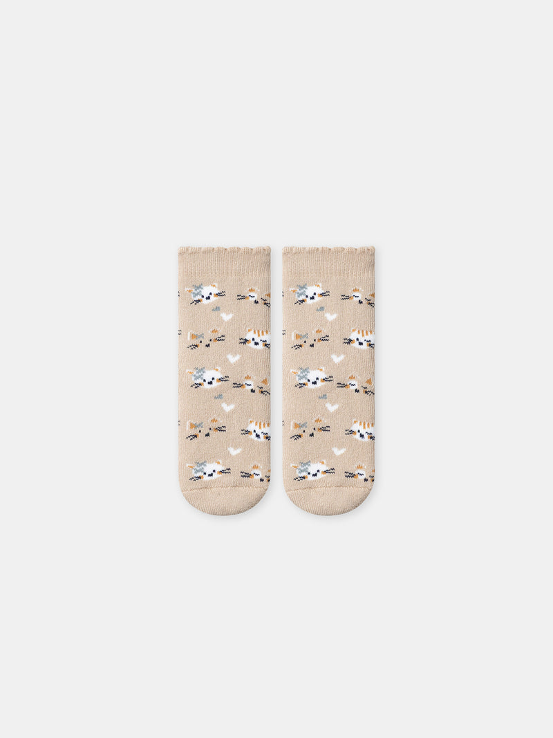 Beige Socken mit Katzengesichtern für Mädchen