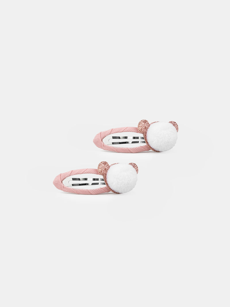 2 barrettes rose ponpom ourson Fille