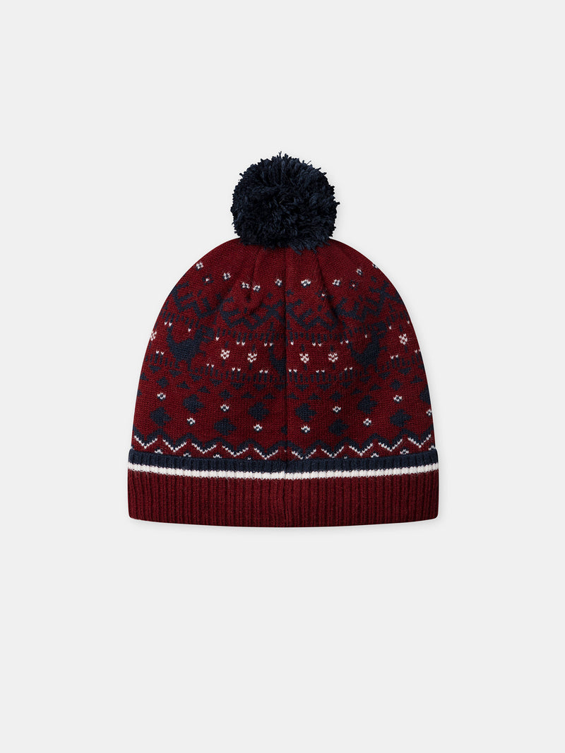 Bordeaux-Mütze mit Dinosaurier-Muster und Pompon für Jungen