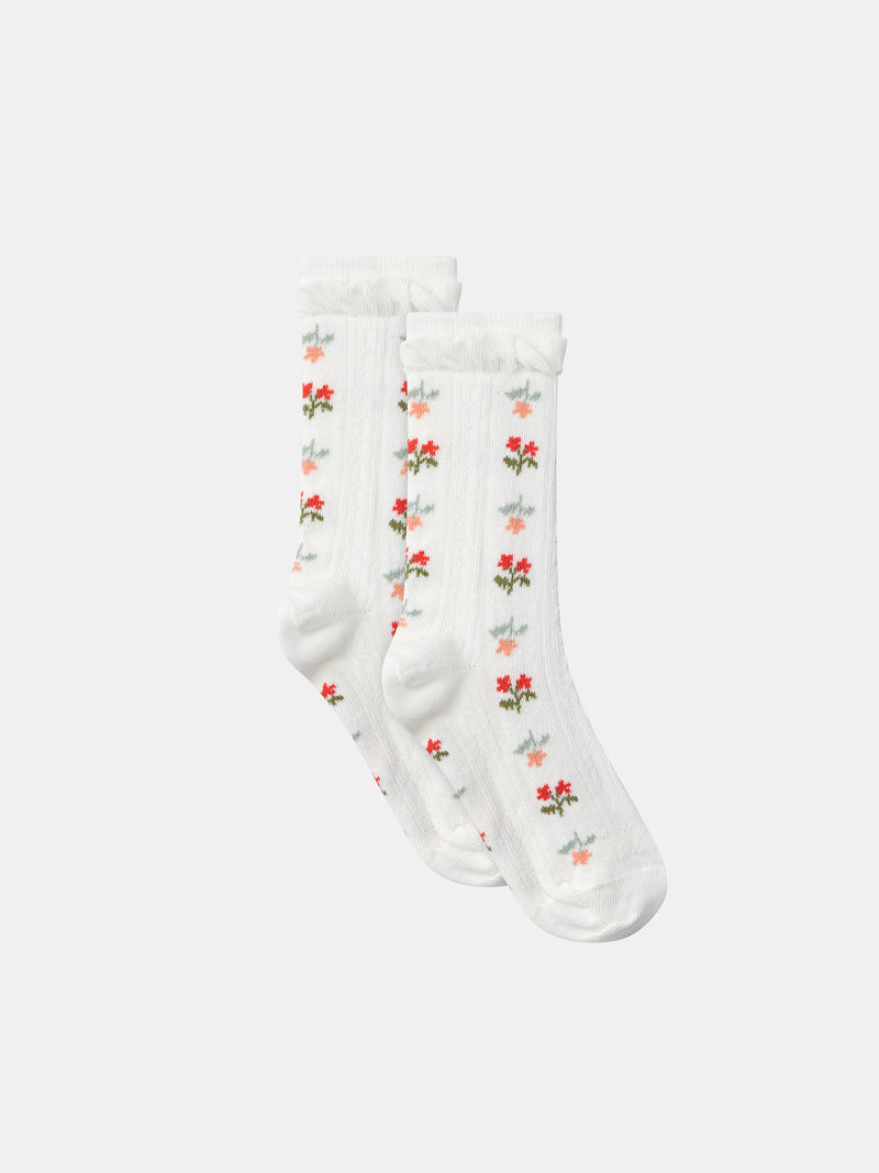 Cremefarbene Socken mit Blumen und Rüschen für Mädchen