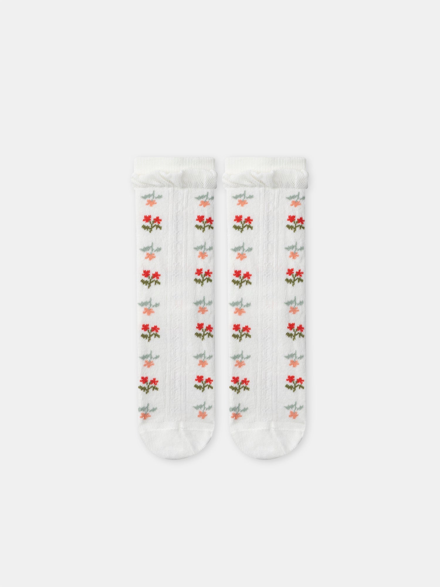 Cremefarbene Socken mit Blumen und Rüschen für Mädchen