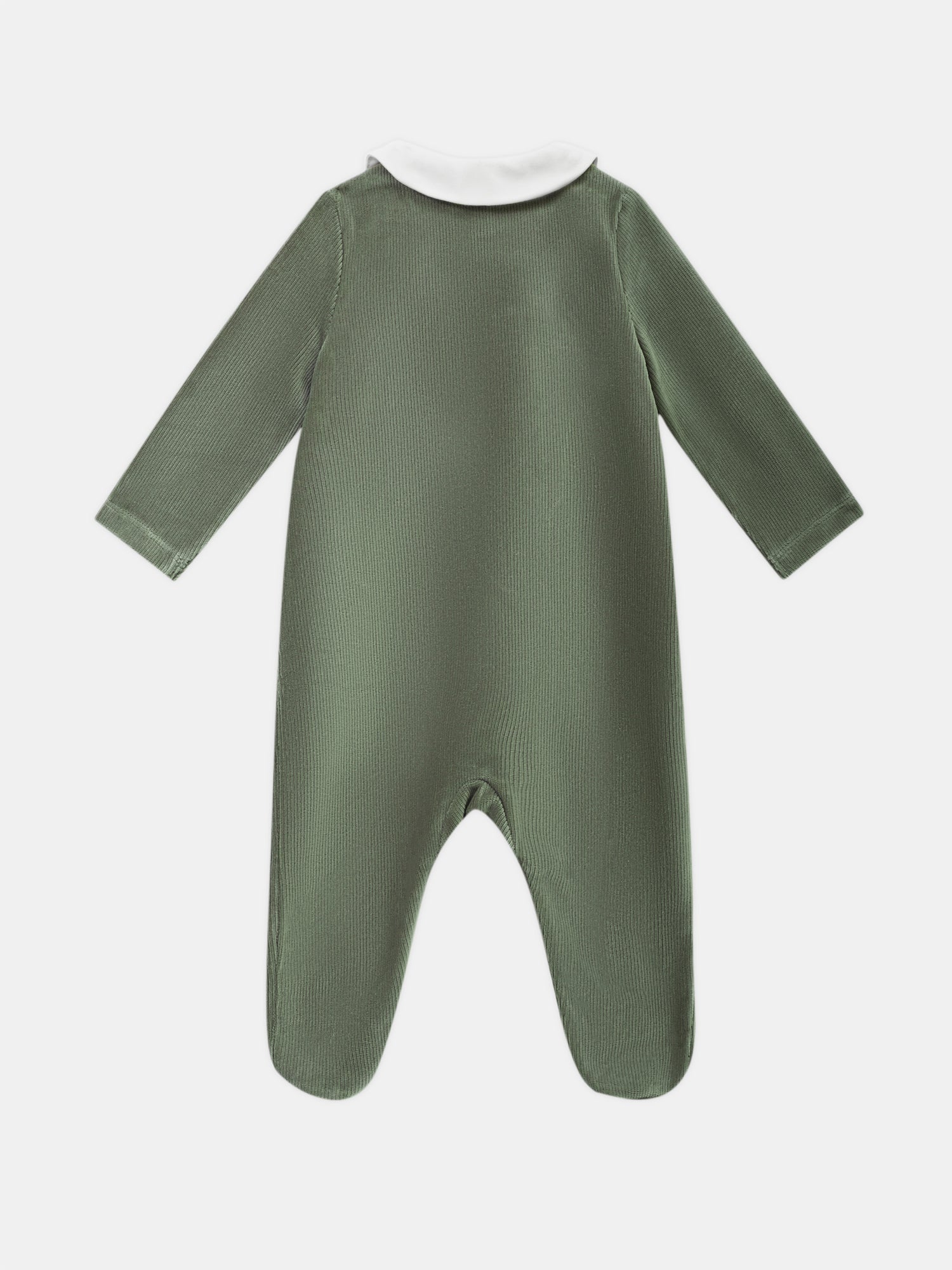 Grau-grüner-velours-ein-schnecken-gestickter-einstücker-baby-junge