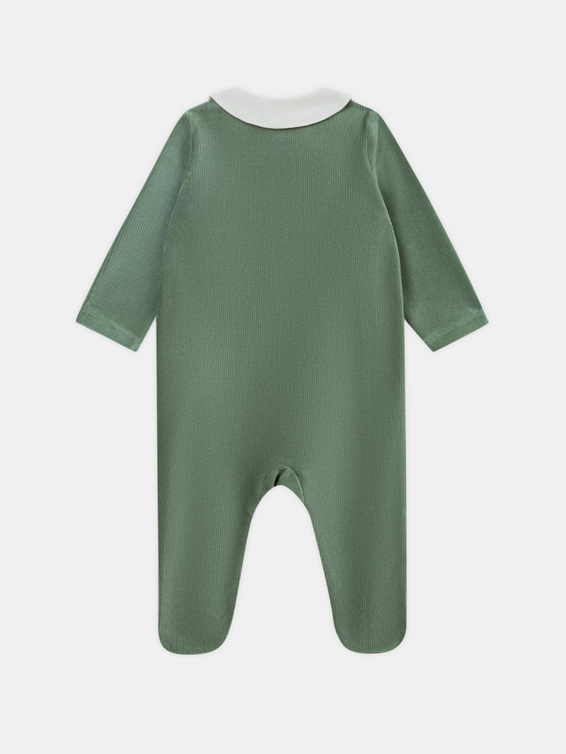 Grenouillère en velours vert grisé à broderie escargot Bébé Garçon