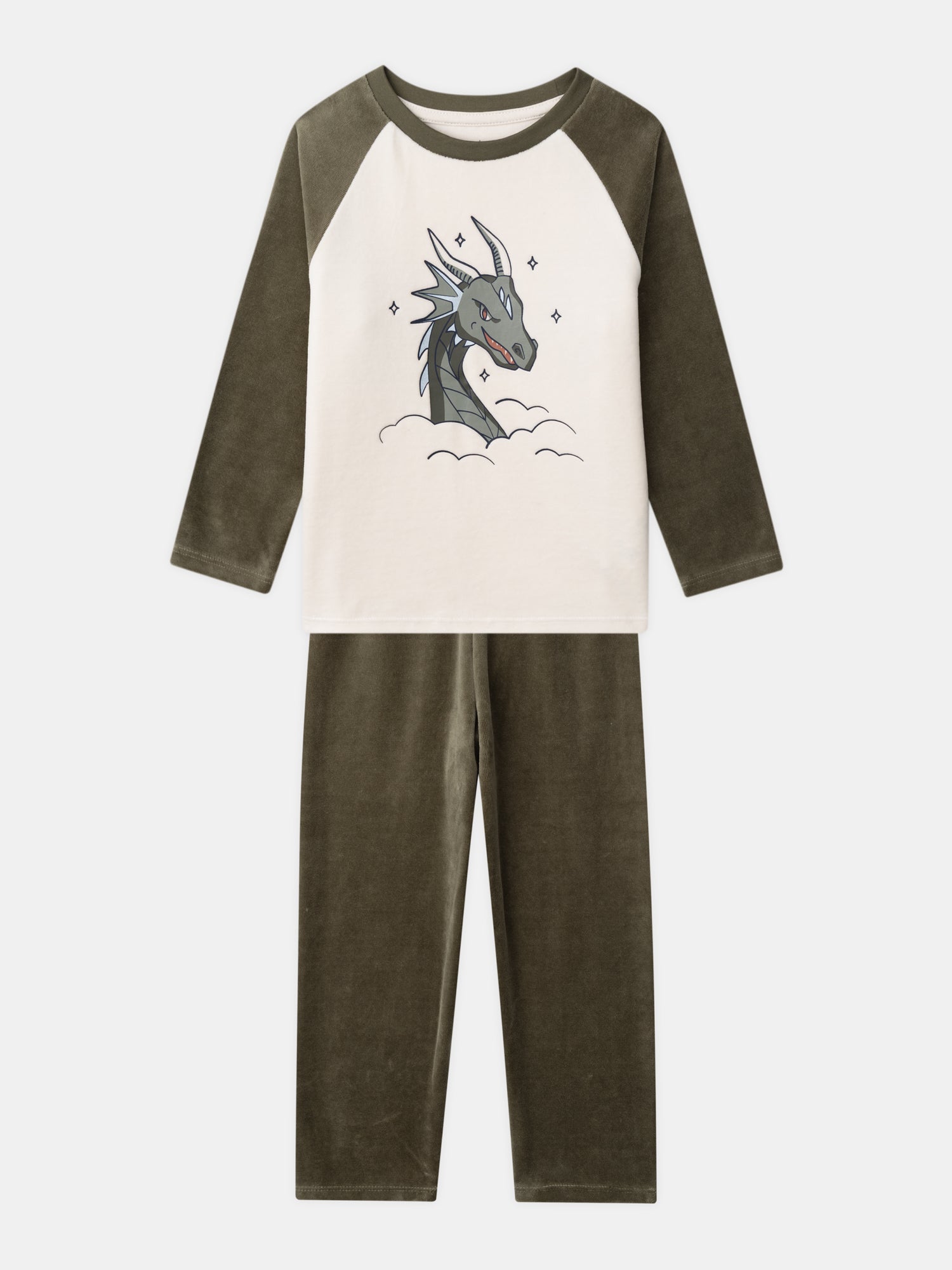 Ecru und olivgrüne Samt Pyjama mit dragonbedruckt für Jungen