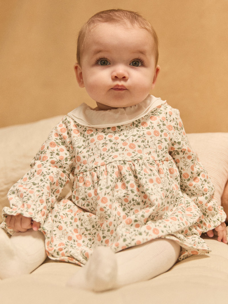 Ensemble robe imprimé fleuri + gilet + collant Naissance Fille