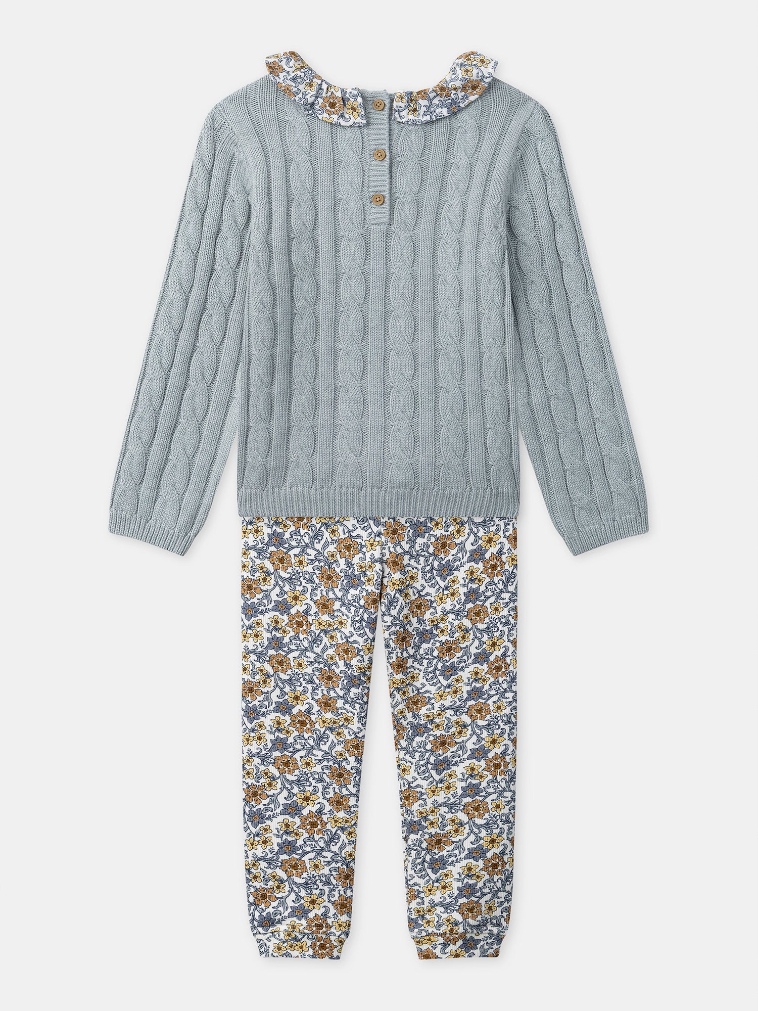 Blau-graues Pullover und Blumenleggings Mädchen