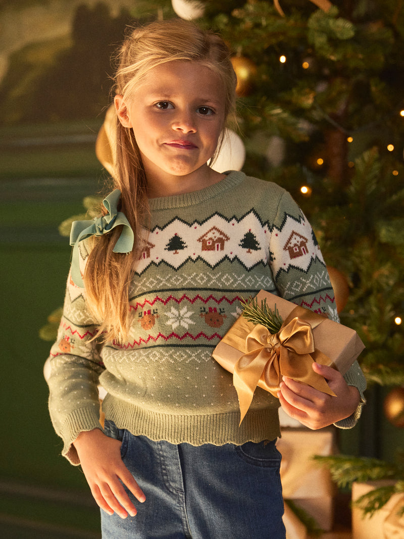 Salbeigrüner Weihnachtspulli für Mädchen