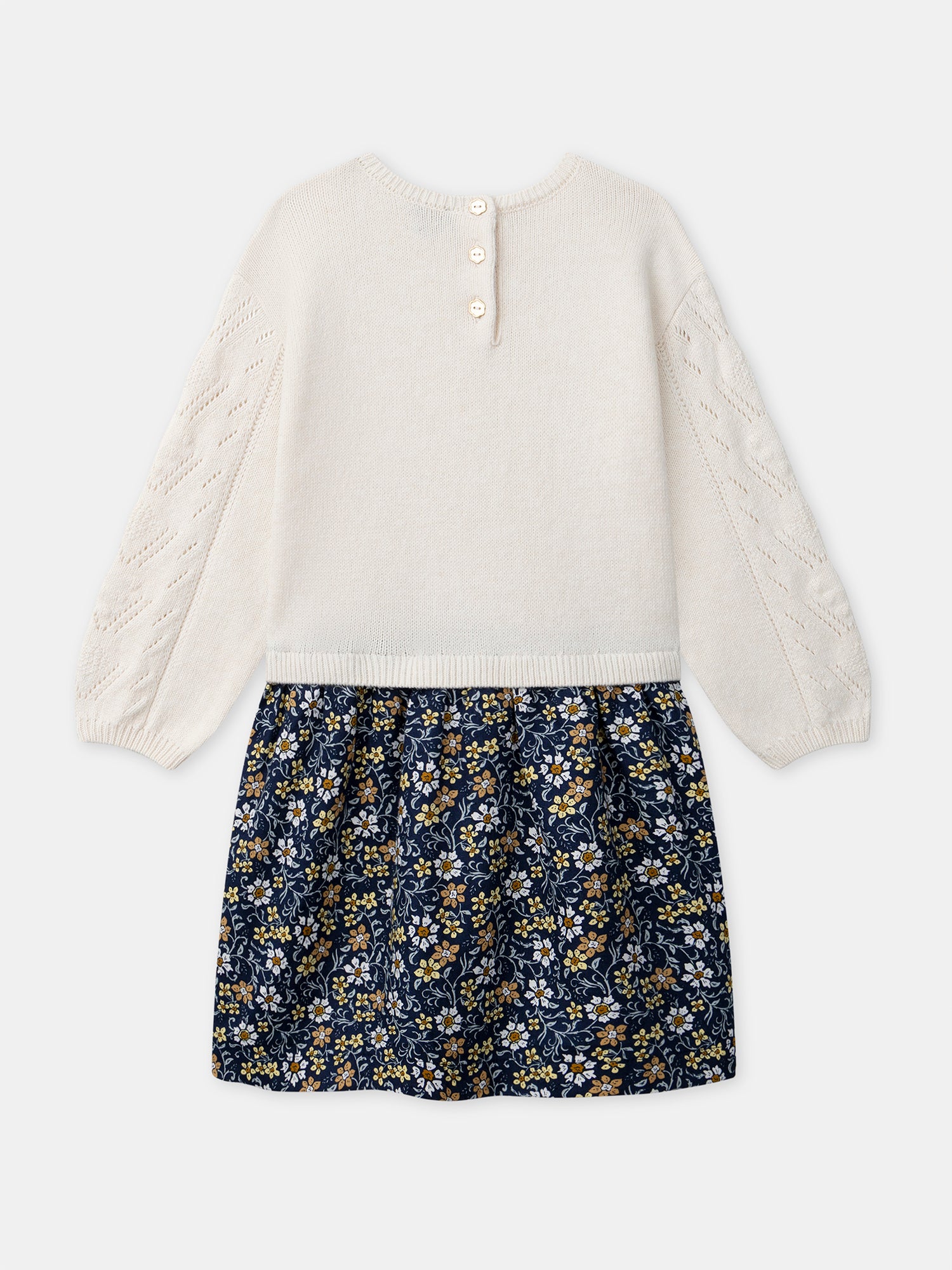 Zweimaterial Kleid mit Pullover-Oberteil in Ecru und floralem Rock für Mädchen