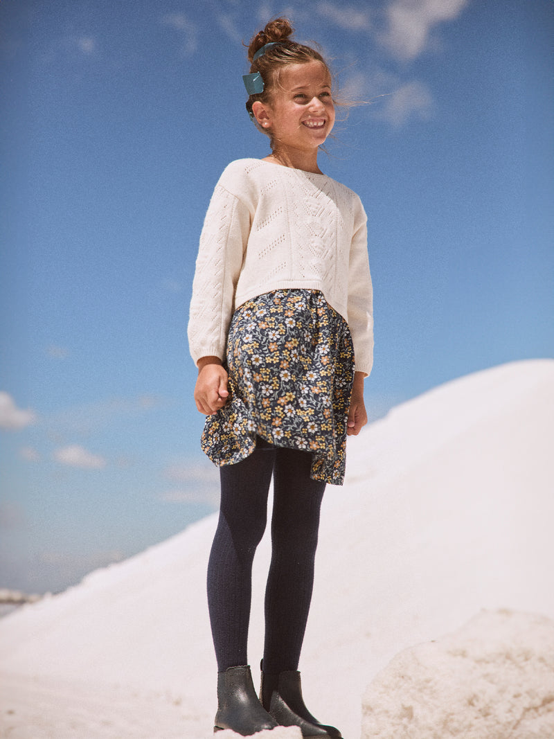 Robe bi-matière pull écru et bas imprimé fleuri Fille