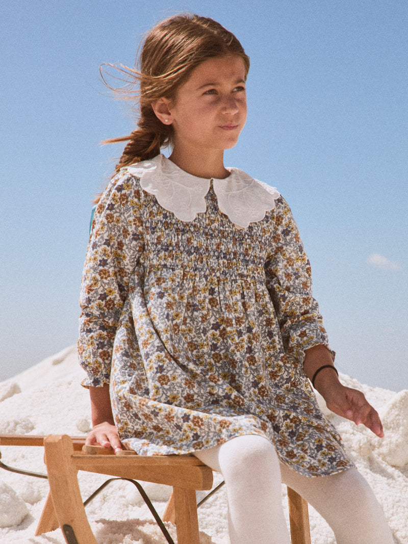 Robe imprimé fleuri à col pétale blanc Fille