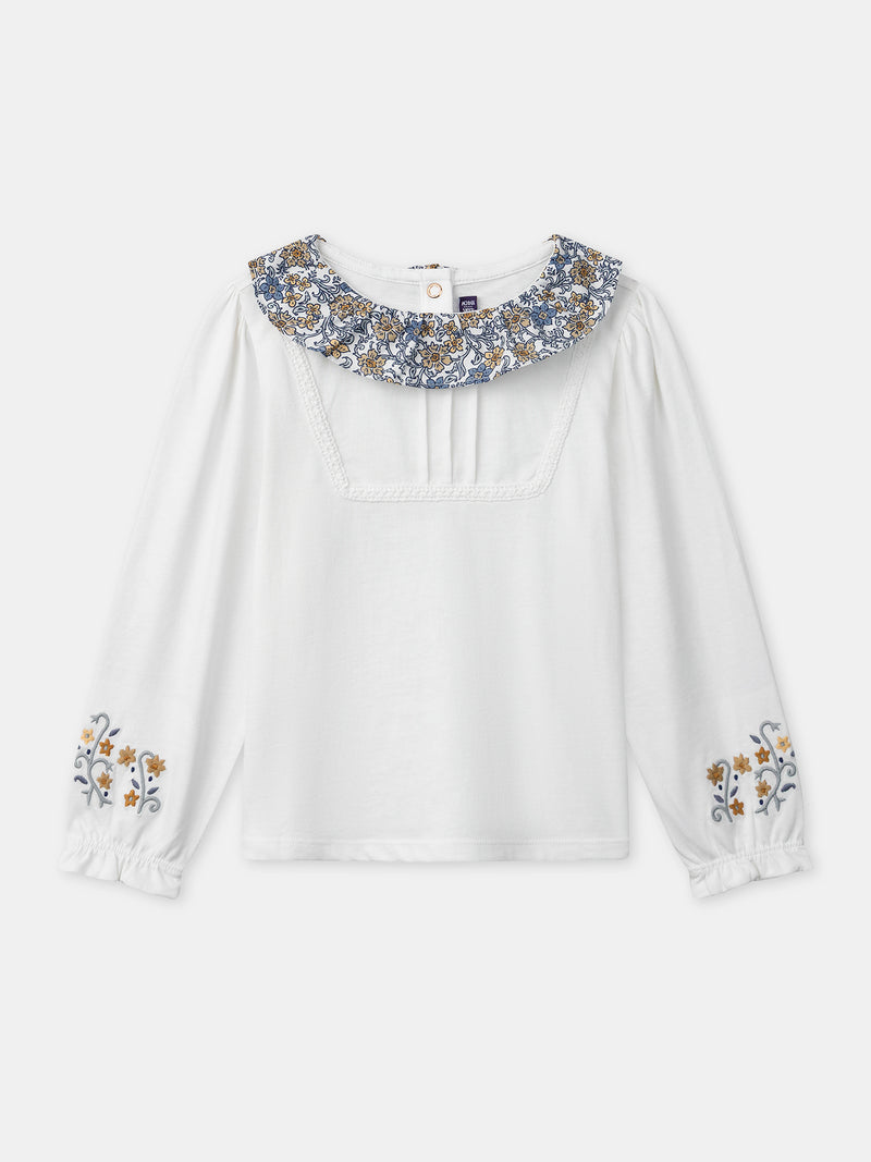 Weißes T-Shirt mit Blumenkragen und langen Ärmeln für Mädchen