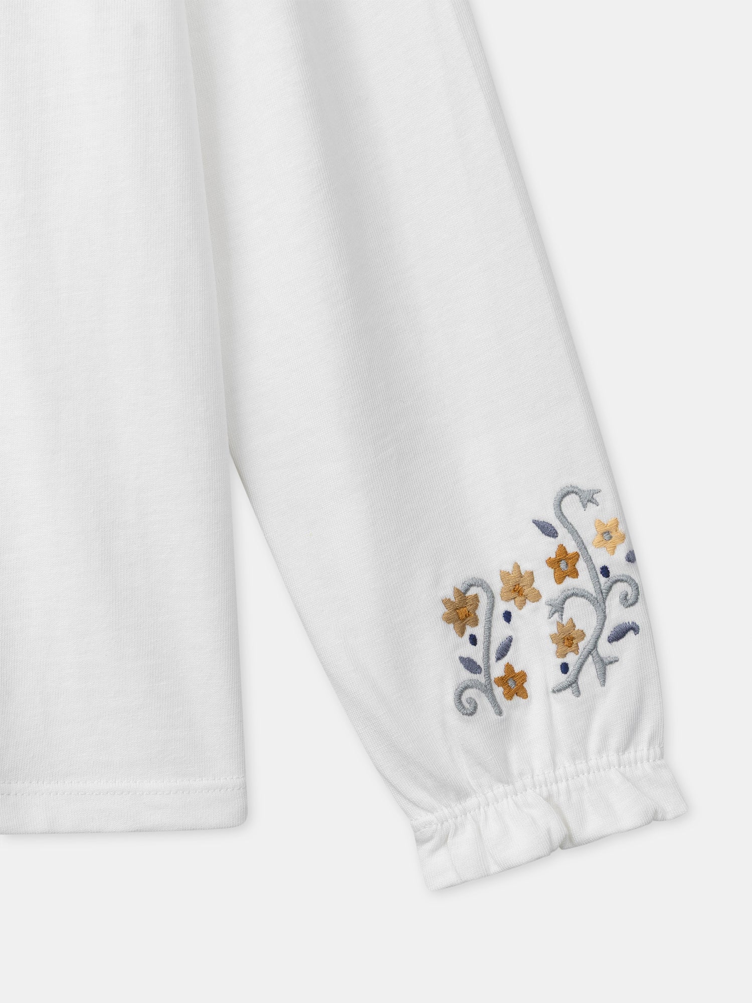 Weißes T-Shirt mit blumenbedrucktem Kragen und langen Ärmeln Mädchen