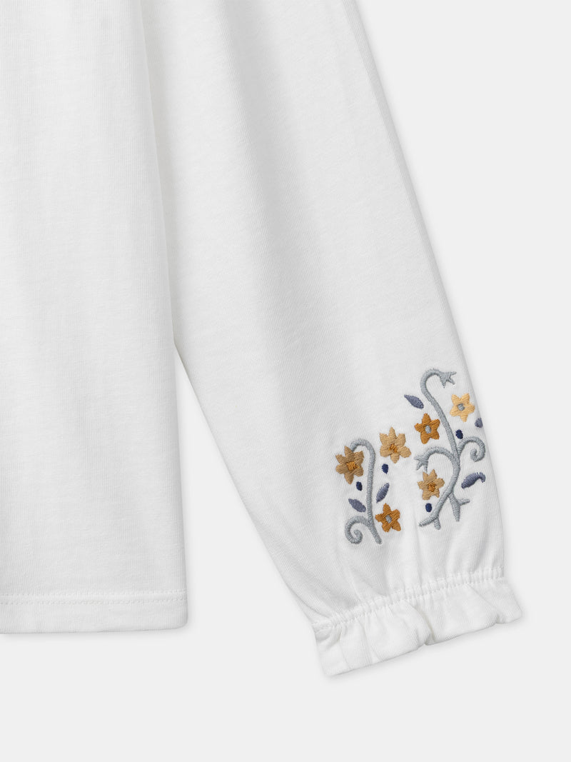 Weißes T-Shirt mit Blumenkragen und langen Ärmeln für Mädchen