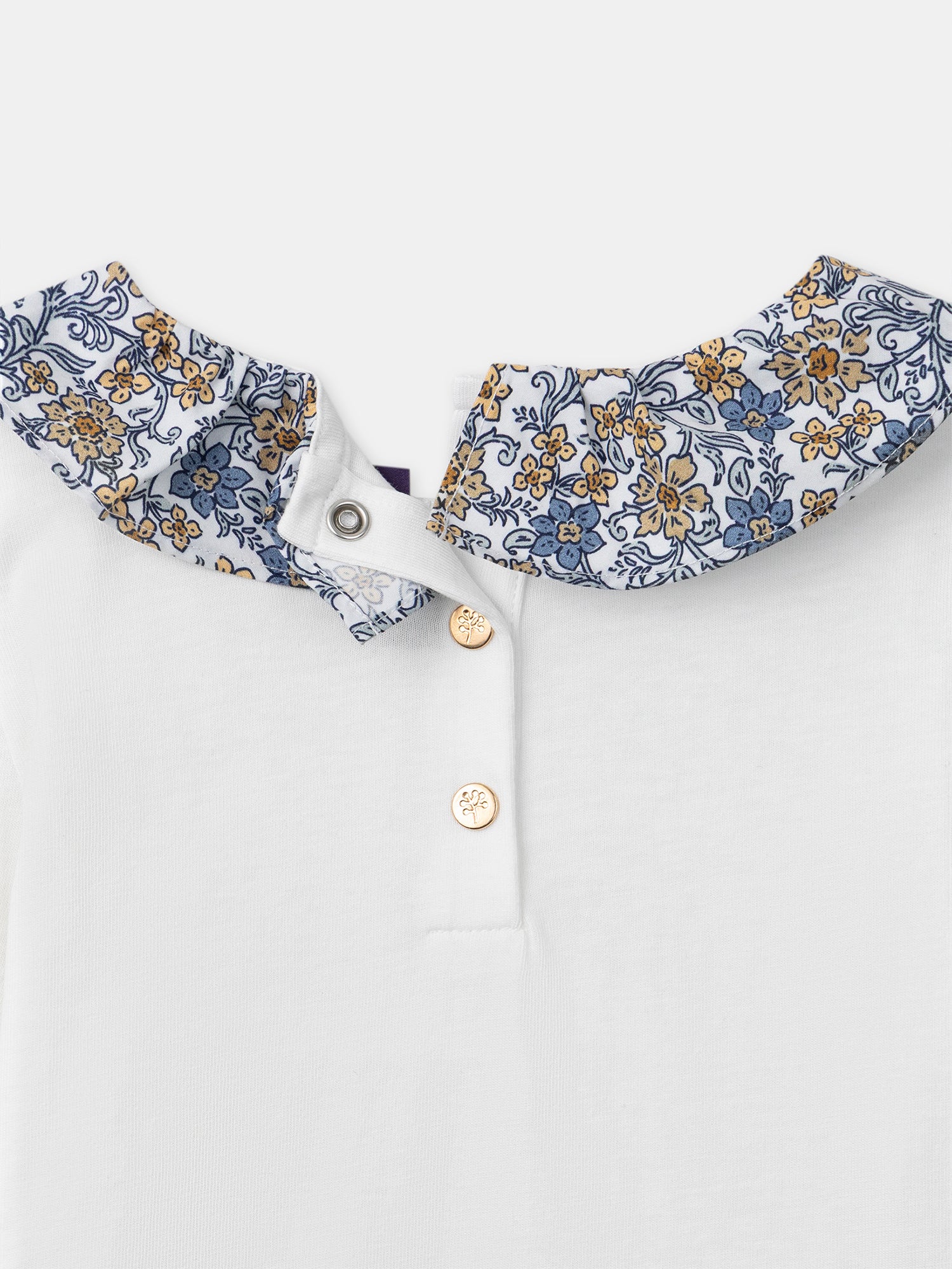 Weißes T-Shirt mit blumenbedrucktem Kragen und langen Ärmeln Mädchen