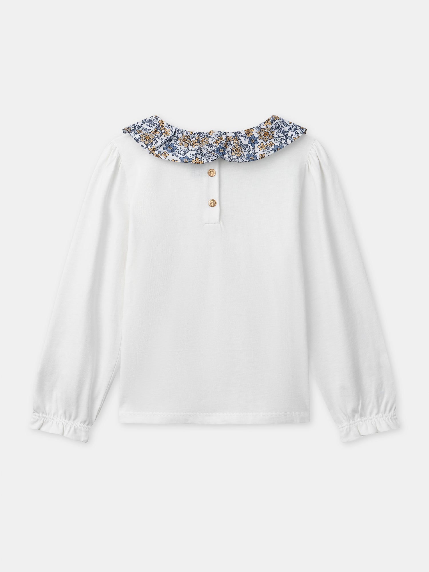 Weißes T-Shirt mit blumenbedrucktem Kragen und langen Ärmeln Mädchen