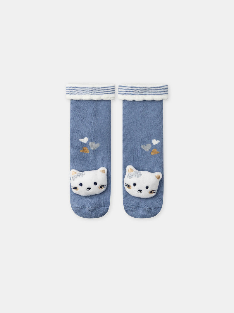 Blaue Socken mit Katzenkopf für Mädchen
