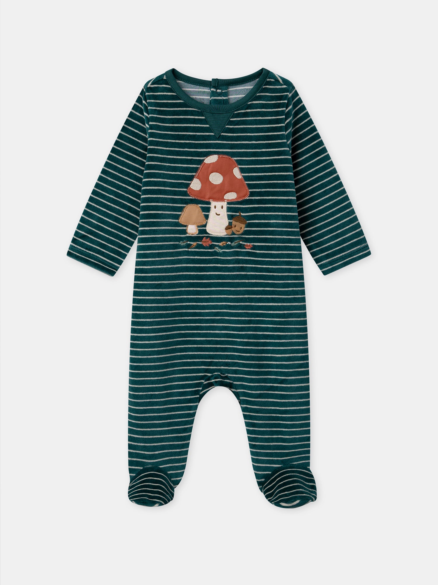 Grüner Samtschlafanzug mit Streifen und Pilzstickerei für Baby Junge