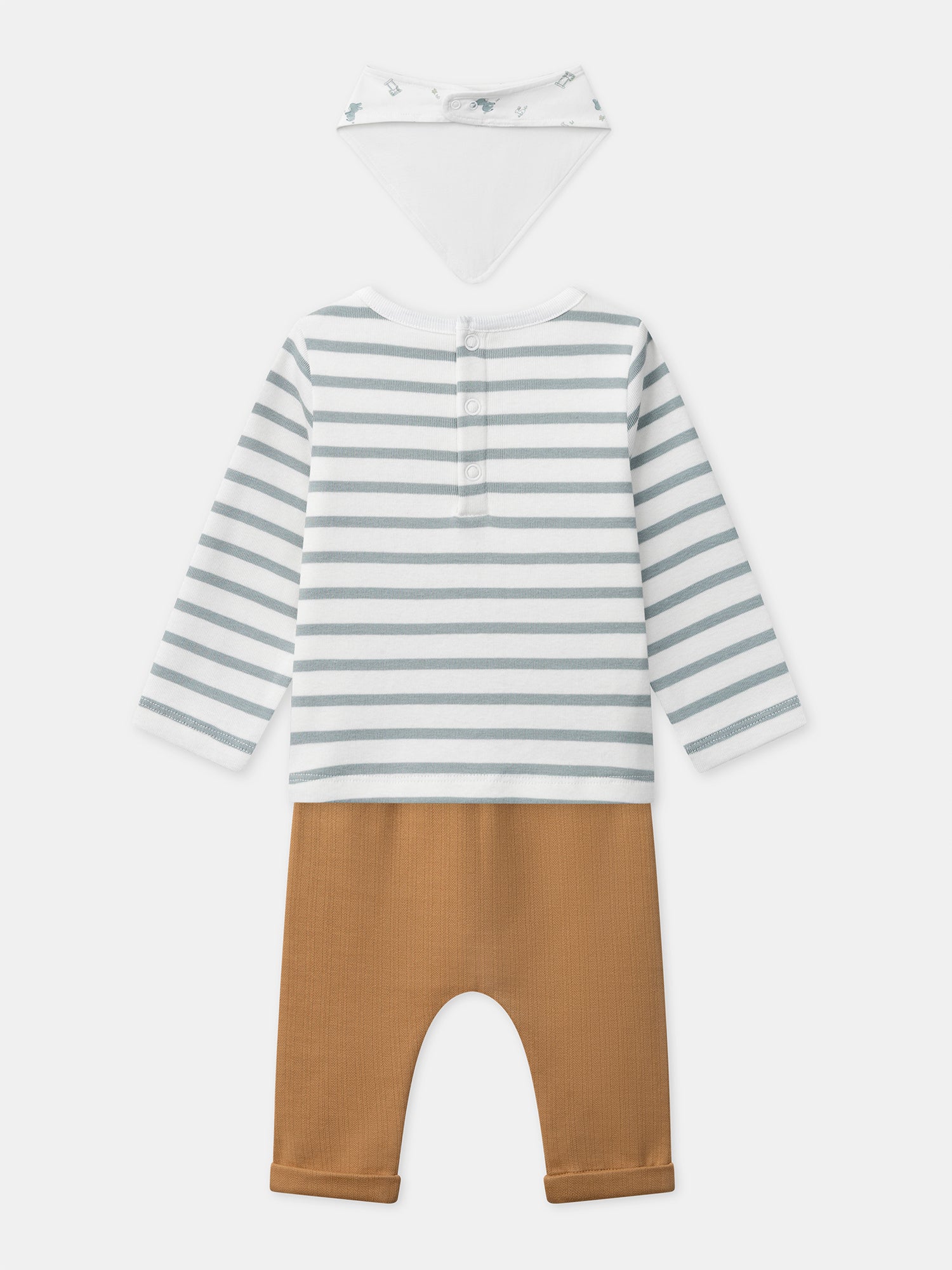 Gestreiftes Oberteil + braune Hose + Lätzchen zur Geburt Junge