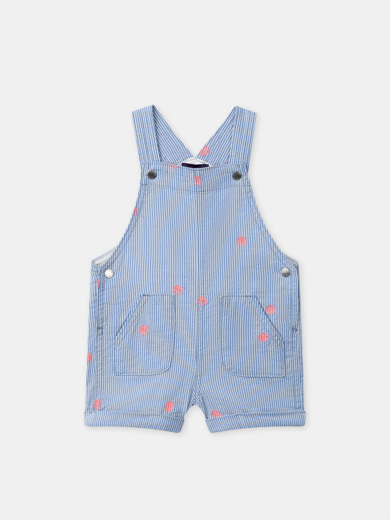 Kurze Latzhose mit blauen Streifen und Blumenstickereien für Baby-Mädchen