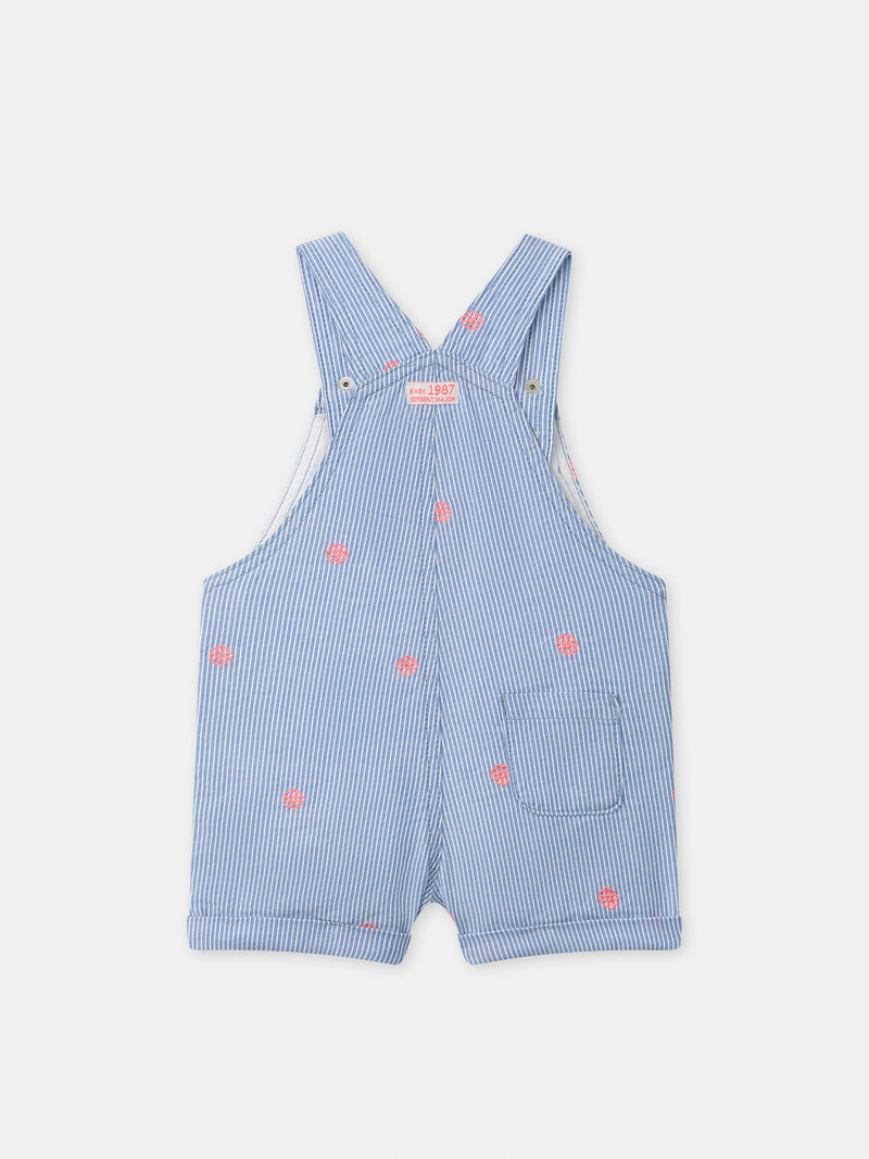 Kurze Latzhose mit blauen Streifen und Blumenstickereien für Baby-Mädchen