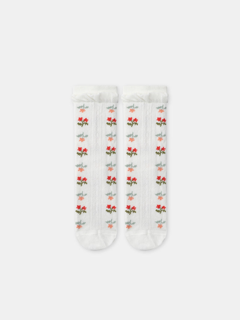 Cremefarbene Socken mit Blumen und Rüschen für Mädchen