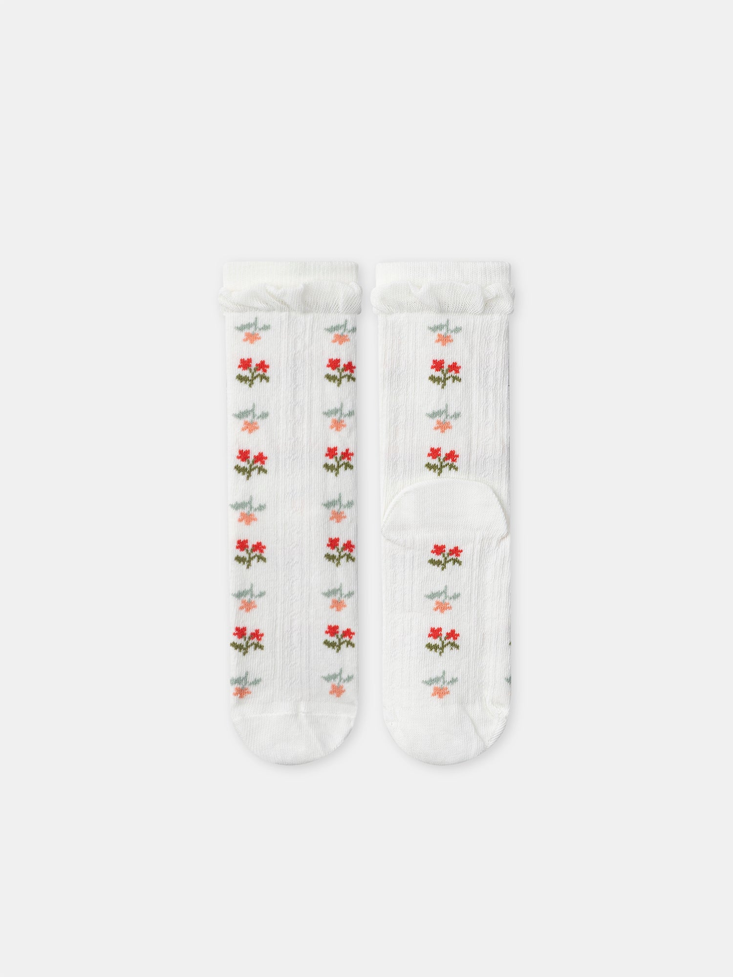 Cremefarbene Socken mit Blumen und Rüschen für Mädchen