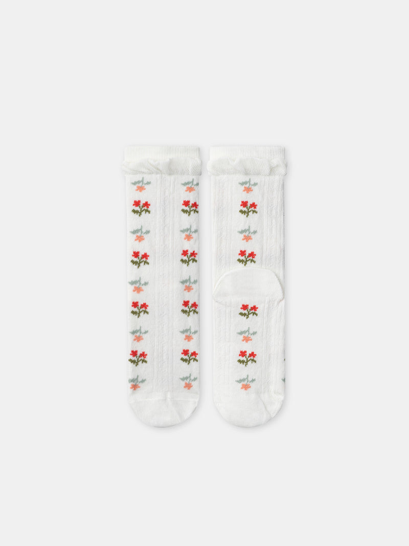 Cremefarbene Socken mit Blumen und Rüschen für Mädchen