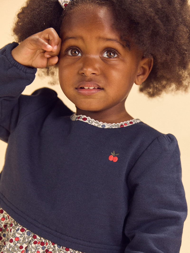 Robe bi-matière haut bleu marine et bas imprimé baies Bébé Fille
