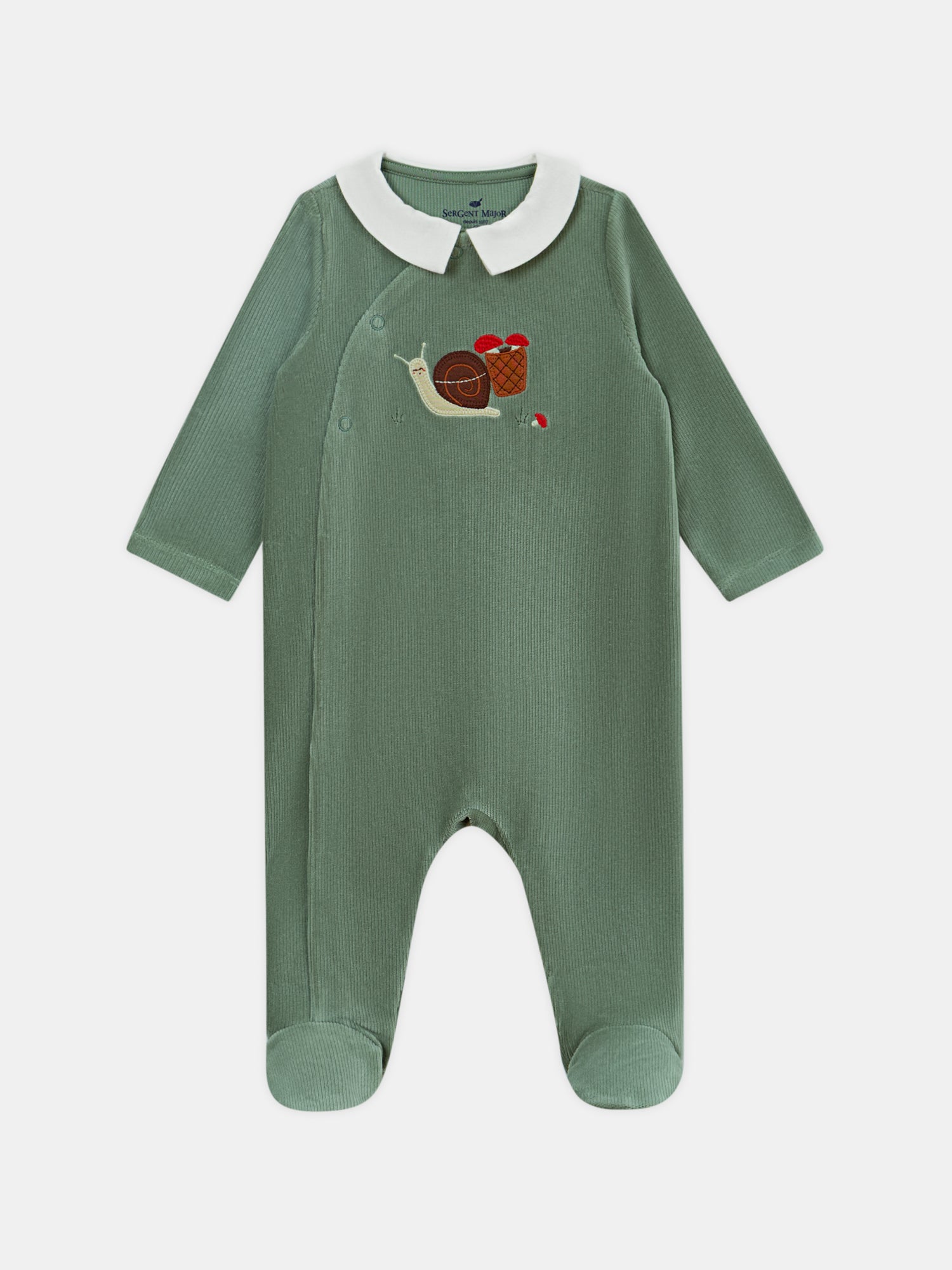 Grau-grüner-velours-ein-schnecken-gestickter-einstücker-baby-junge