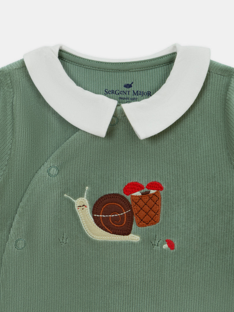 Grenouillère en velours vert grisé à broderie escargot Bébé Garçon