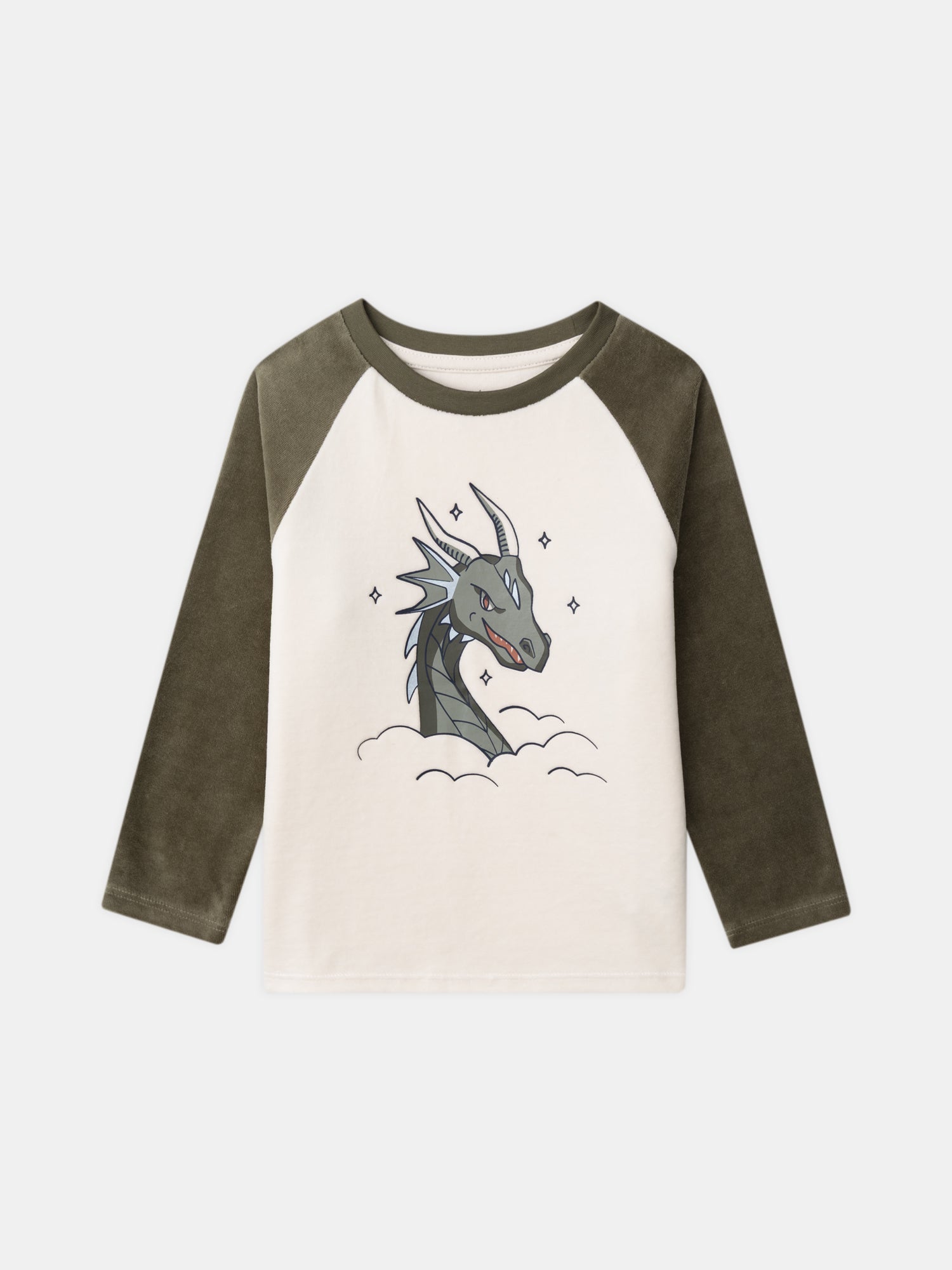 Ecru und olivgrüne Samt Pyjama mit dragonbedruckt für Jungen