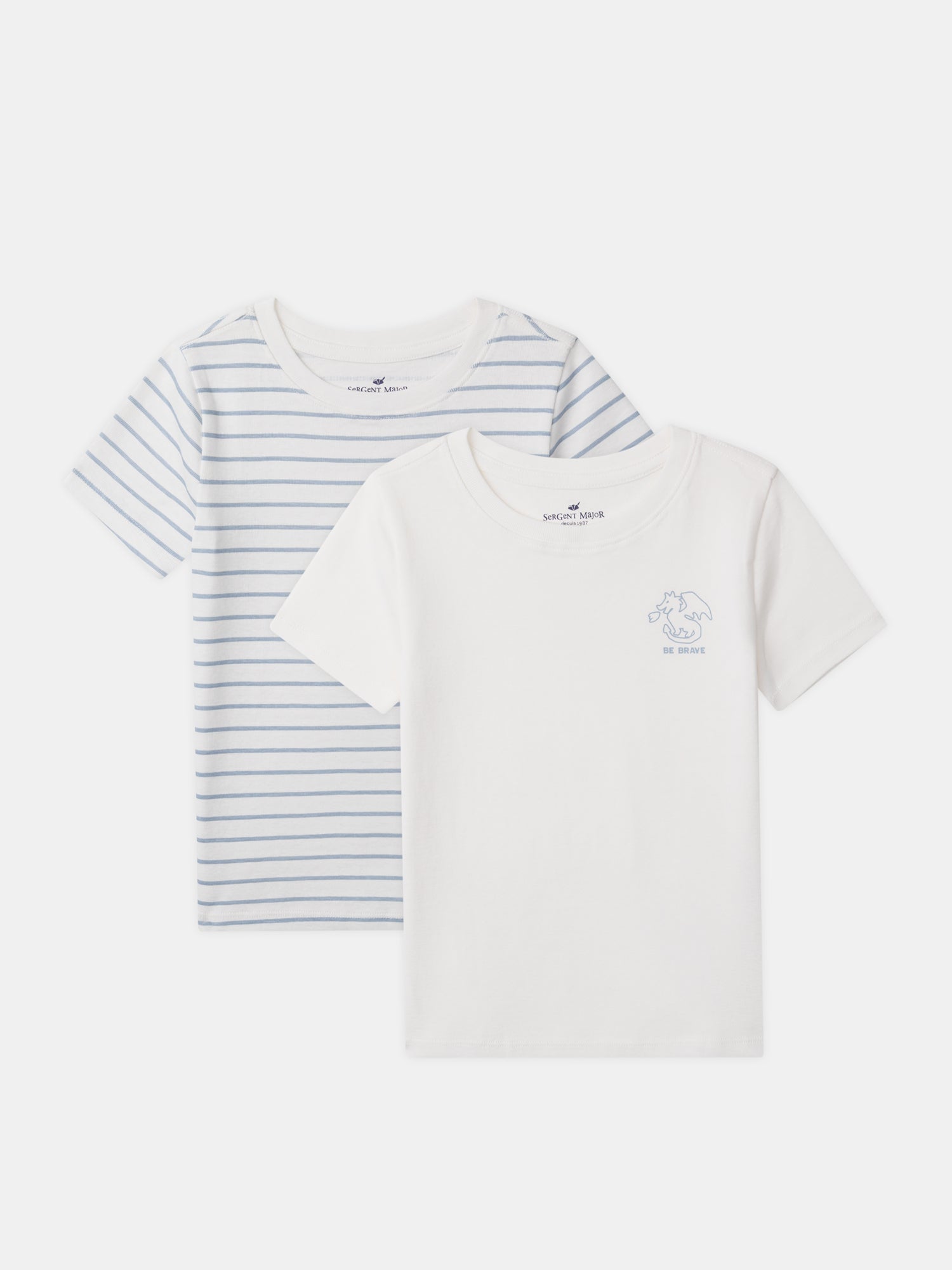Set aus 2 Ecru-T-Shirts mit Drachenmotiv oder blauen Streifen für Jungen