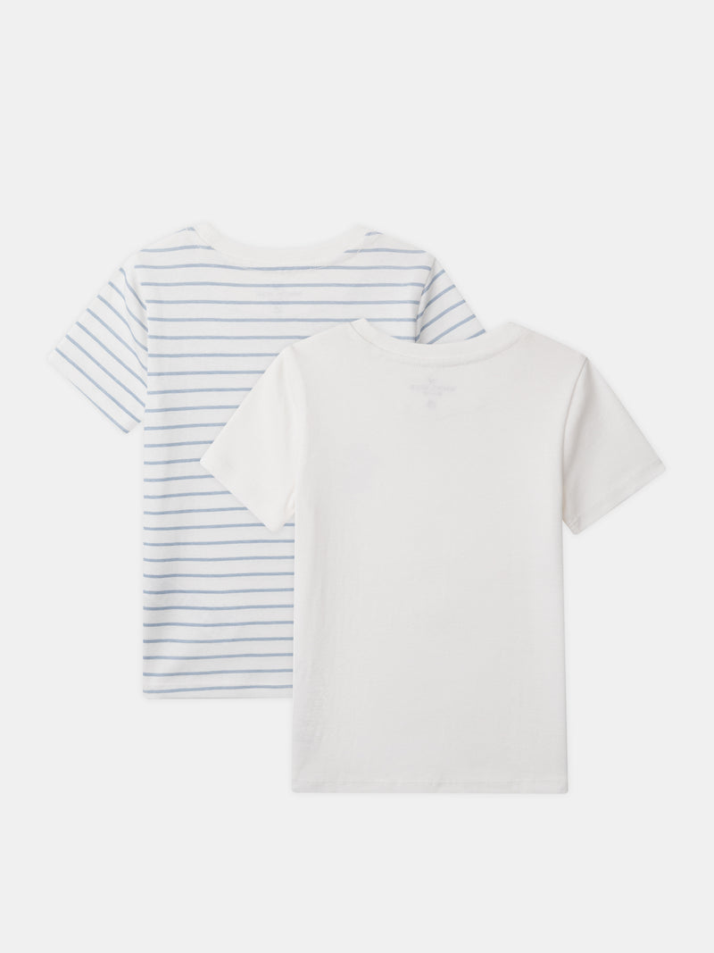 Lot 2 t-shirts écru imprimé dragon ou à rayures bleues Garçon