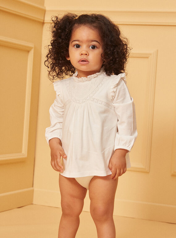 Ecrufarbene Bodybluse mit Rüschen LACOLINE / 24H1BFJ1BOD001