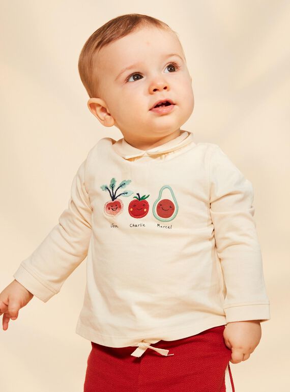 Vanillefarbenes Poloshirt mit gestickten Gemüsepatches FACETHAN / 23E1BGB1POL114