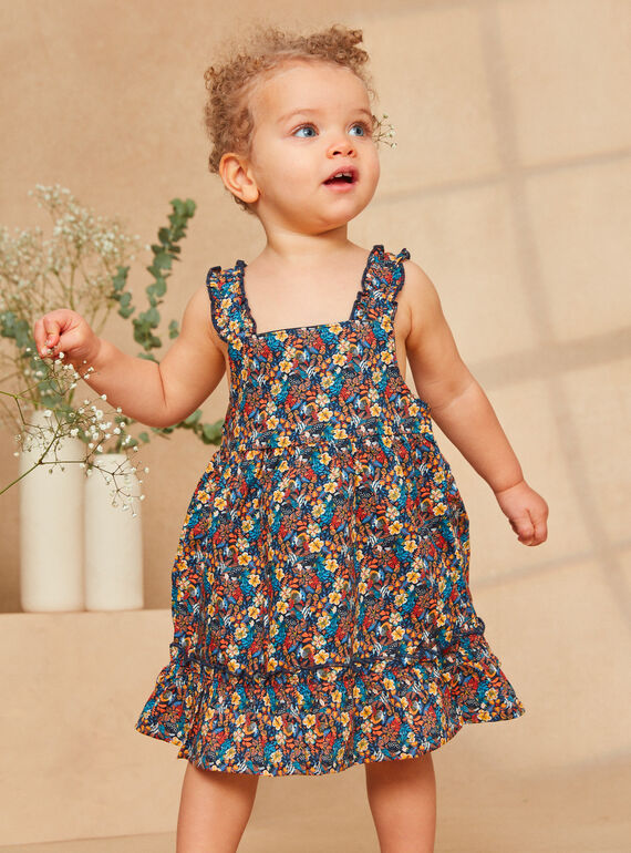 Kleid mit buntem Blumen-und Fischmotiv aus Popeline in Marineblau KAZAZIE / 24E1BFS2ROB718