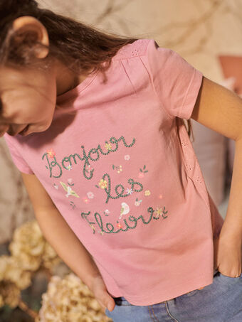 Kind Mädchen rosa besticktes T-Shirt mit ausgefallenem Blumenschriftzug CETIETTE / 22E2PFB1TMC305
