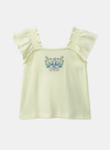 Gelbes und blaues Blumen- und Vogelmuster-Rippen-T-Shirt KAUGENIE / 24E1BFR1TEE103