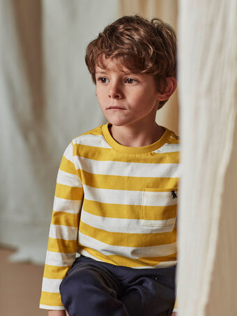 Ecrufarbenes und gelb gestreiftes T-Shirt für Kinder Jungen mit Tasche CAXIOLAGE2 / 22E3PGF4TML113