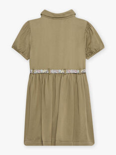 Kind Mädchen khakifarbenes Twill-Kleid mit Gürtel mit Blumendruck CLOCHETTE1 / 22E2PFF3ROB604