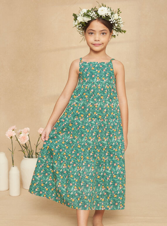 Langes Rüschenkleid in Empire-Grün mit Blumenprint KRUCHETTE 2 / 24E2PFK2RBSG627